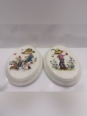 Vintage ceramic wall plaque pair-children &floral design - 7”